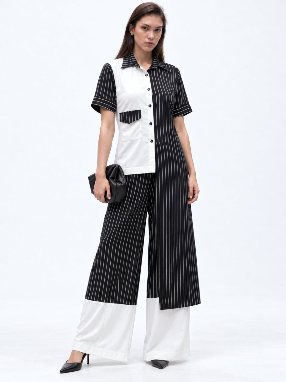 Checkmate Pinstripe Asymmetric Shirt Top - Missova
