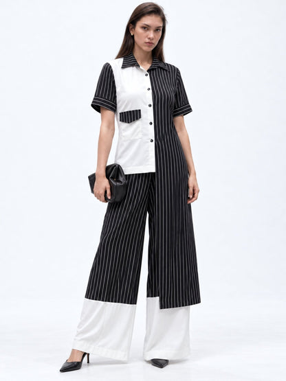 Checkmate Pinstripe Asymmetric Shirt Top - Missova