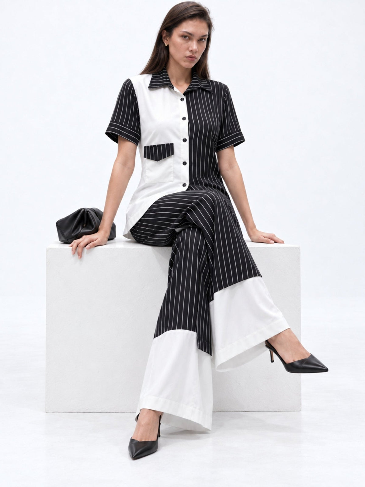 Checkmate Pinstripe Contrast-Hem Palazzo Pants - Missova