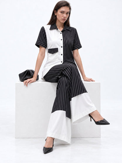 Checkmate Pinstripe Contrast-Hem Palazzo Pants - Missova
