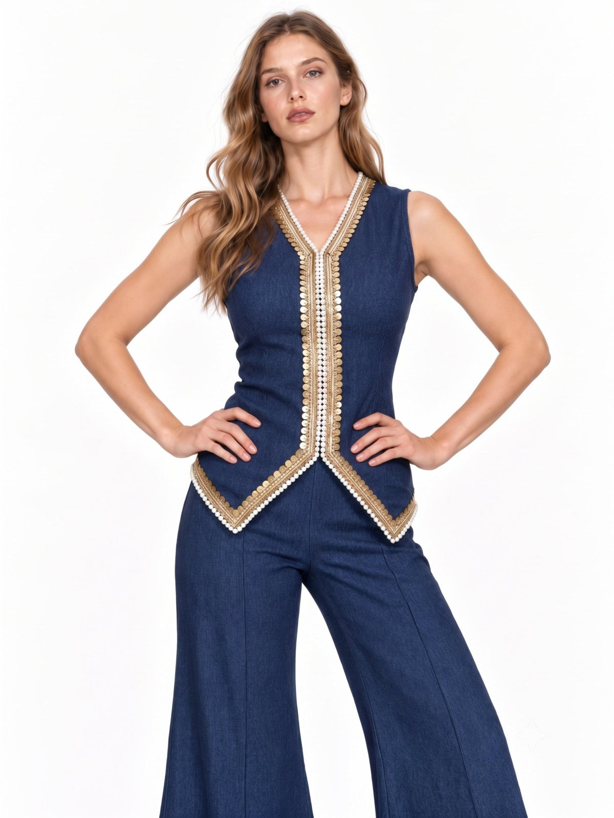 La Belle Indigo Embellished Pearl Trim Co-ord Set - Missova