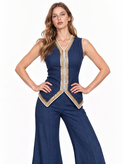 La Belle Indigo Embellished Pearl Trim Co-ord Set - Missova