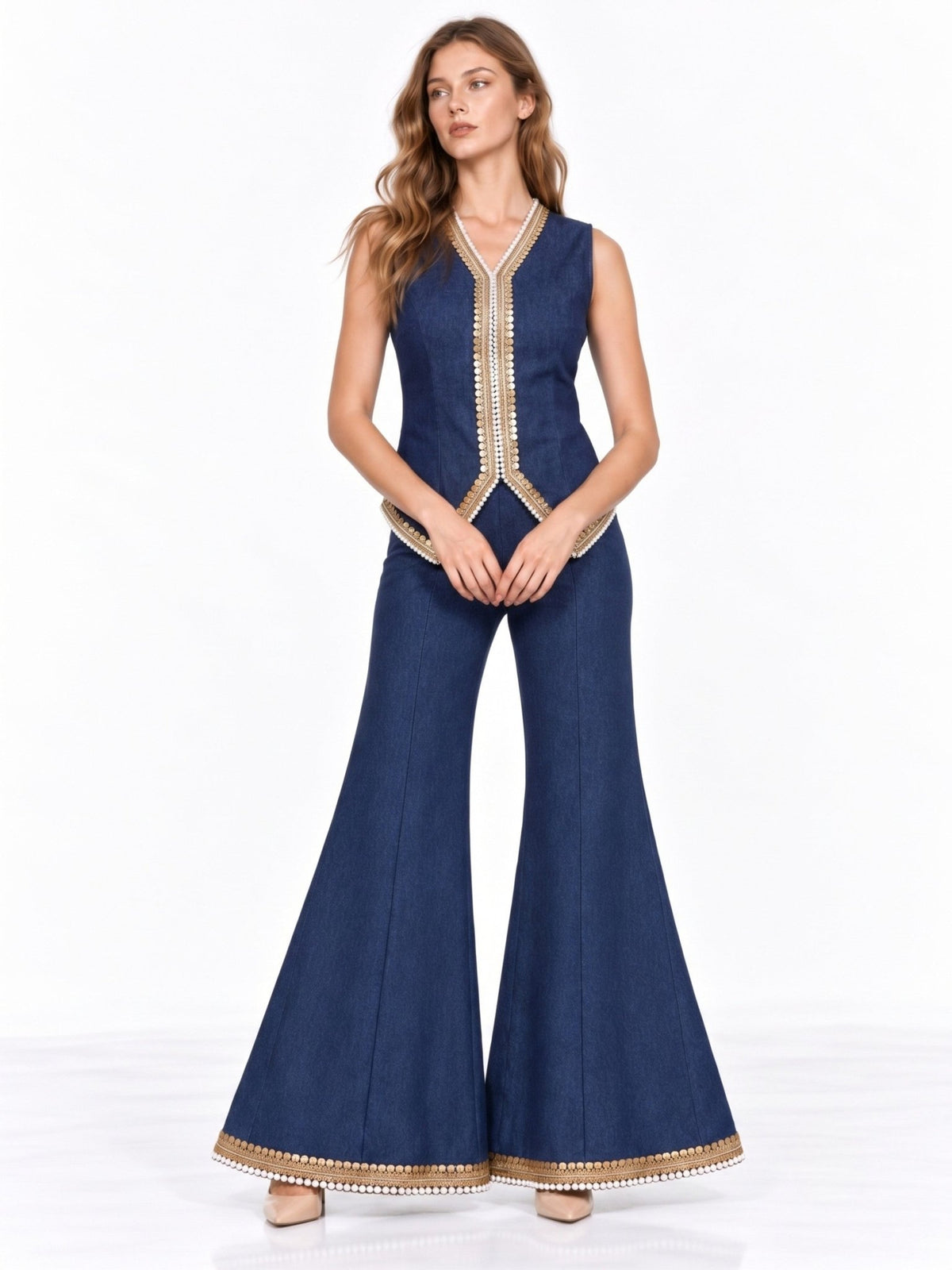 La Belle Indigo Embellished Pearl Trim Co-ord Set - Missova