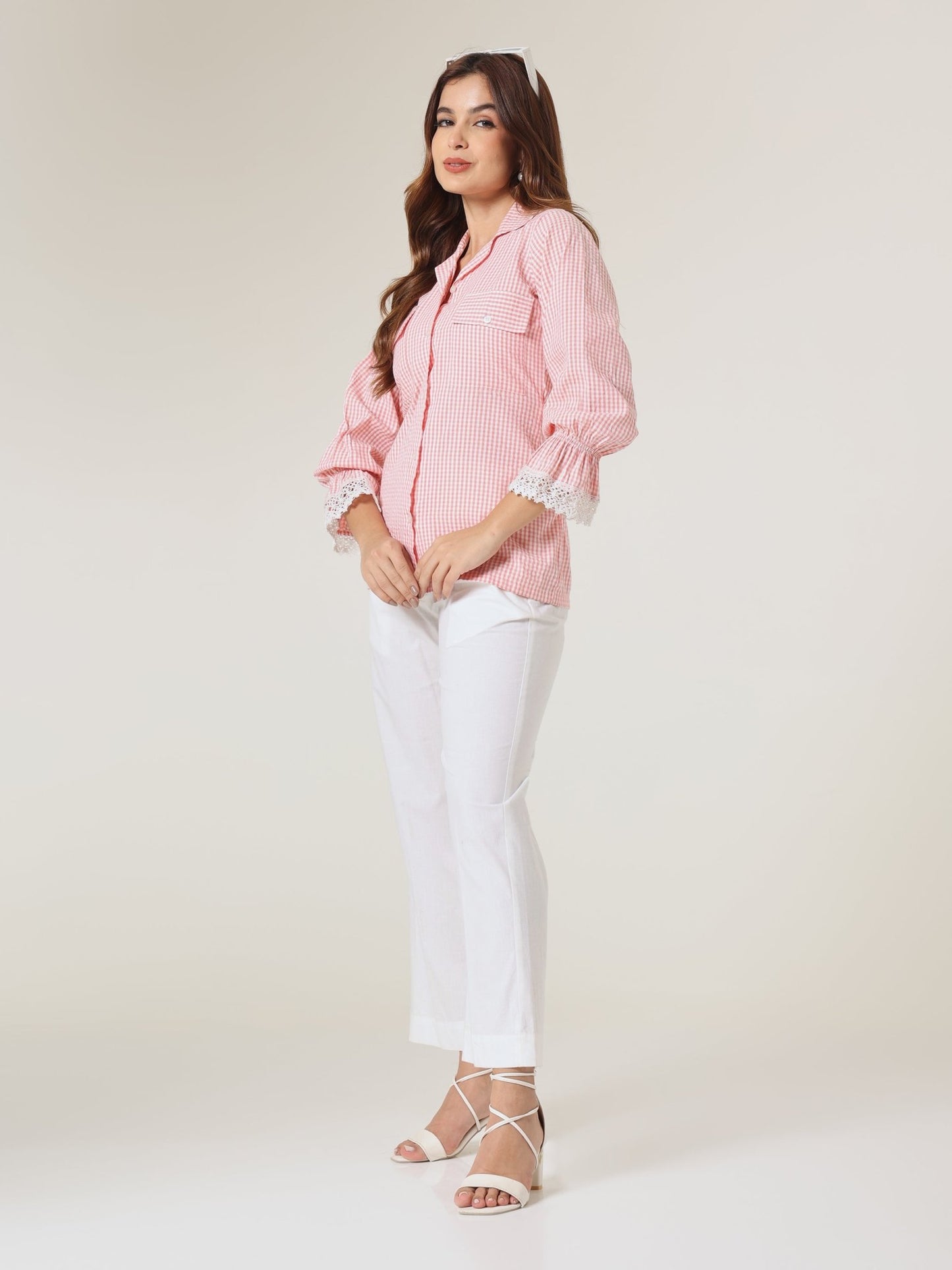Pink Gingham Lace - Trim Shirt - Missova
