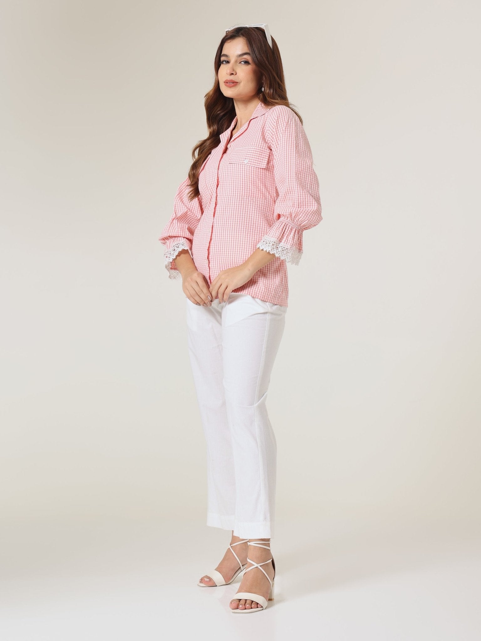 Pink Gingham Lace - Trim Shirt - Missova