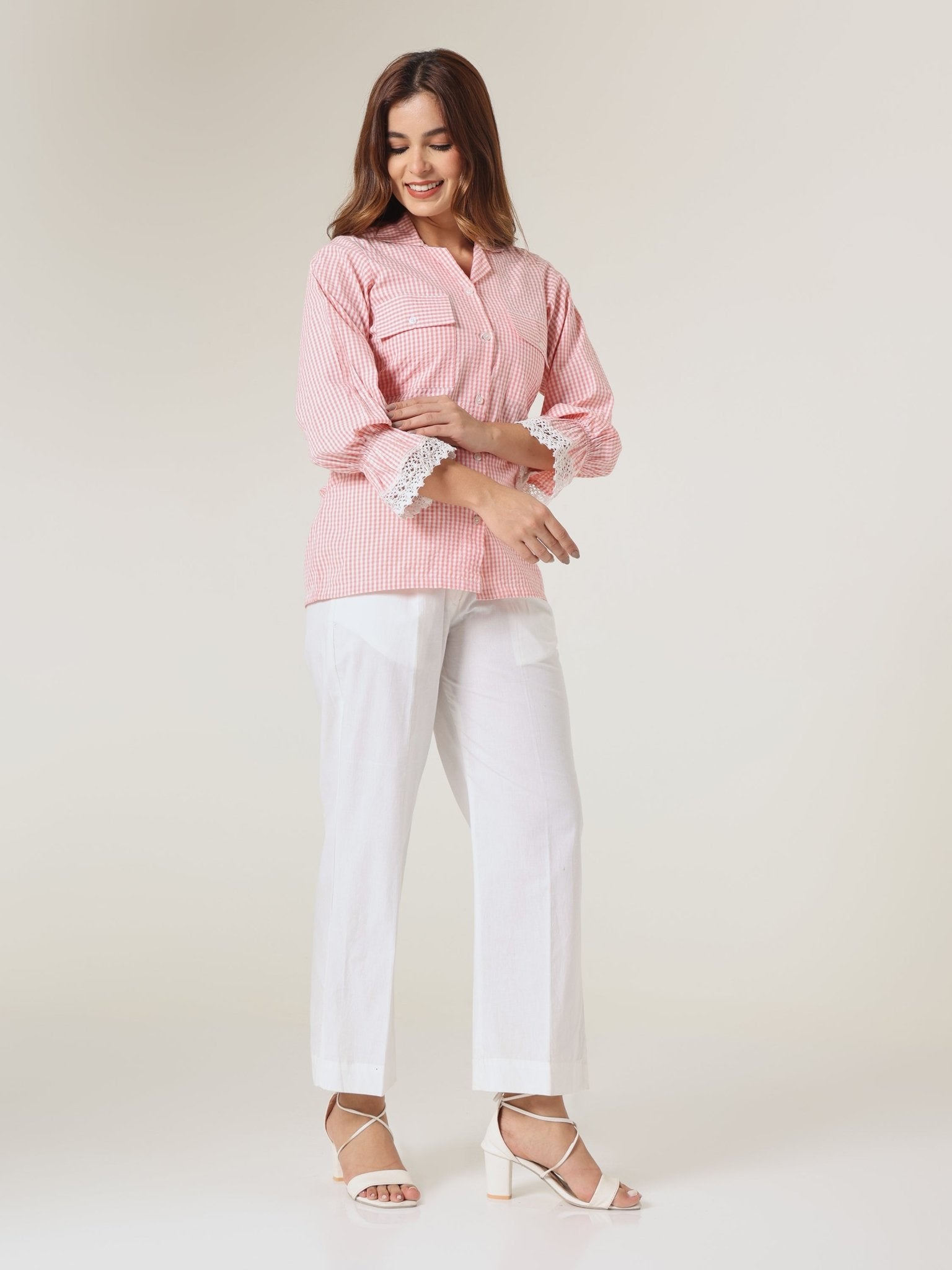 Pink Gingham Lace - Trim Shirt - Missova