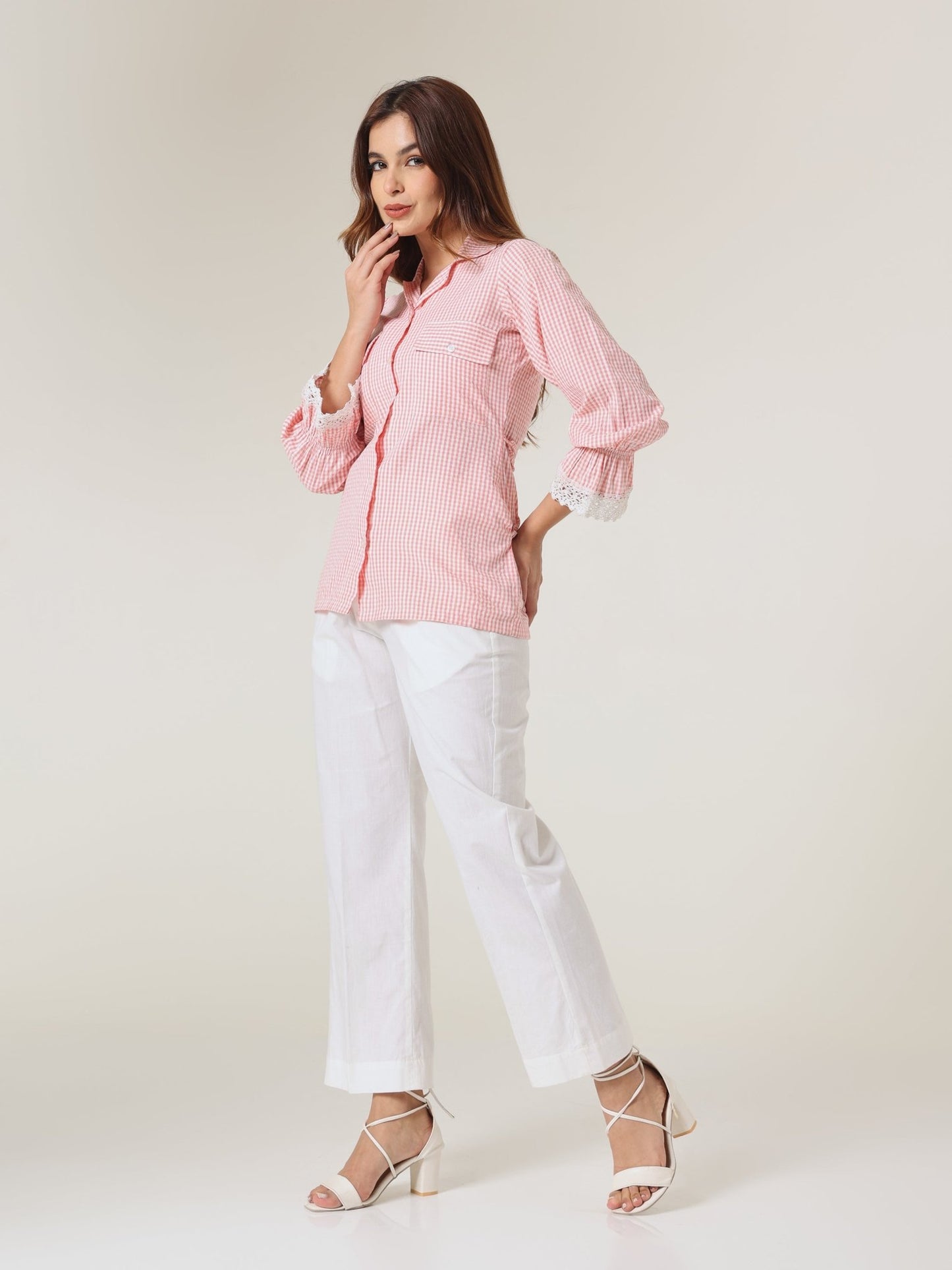 Pink Gingham Lace - Trim Shirt - Missova