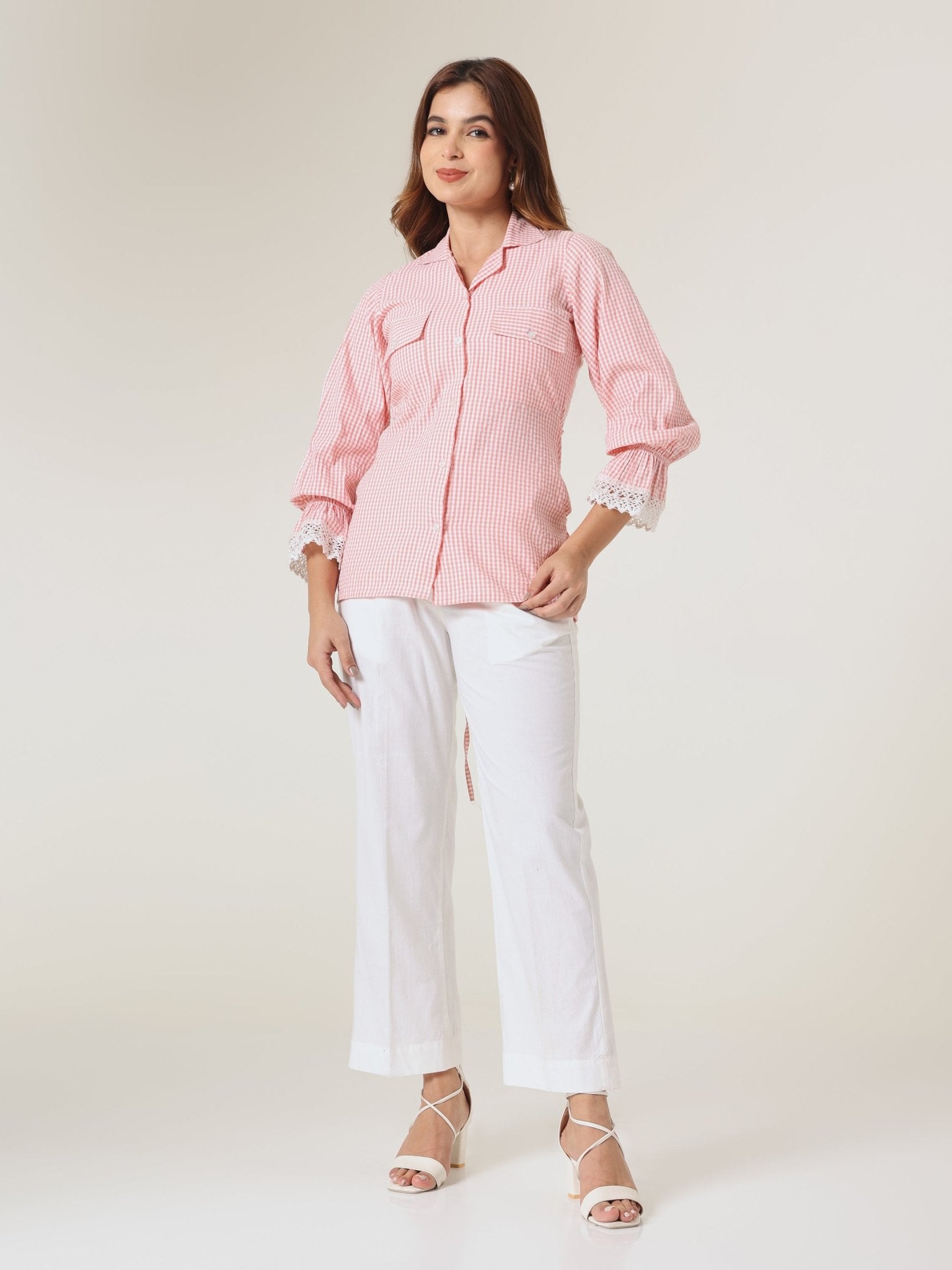 Pink Gingham Lace - Trim Shirt - Missova