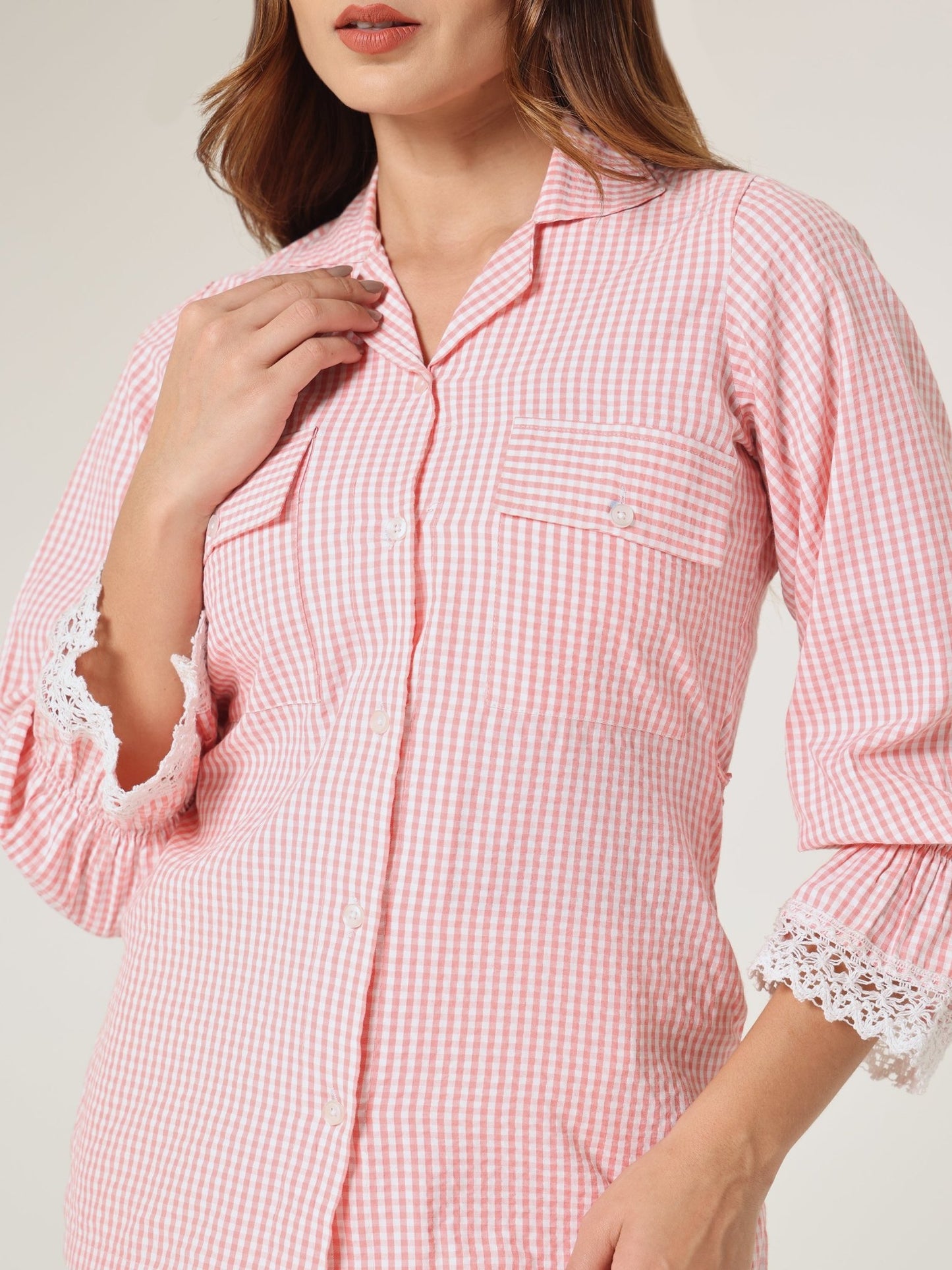 Pink Gingham Lace - Trim Shirt - Missova