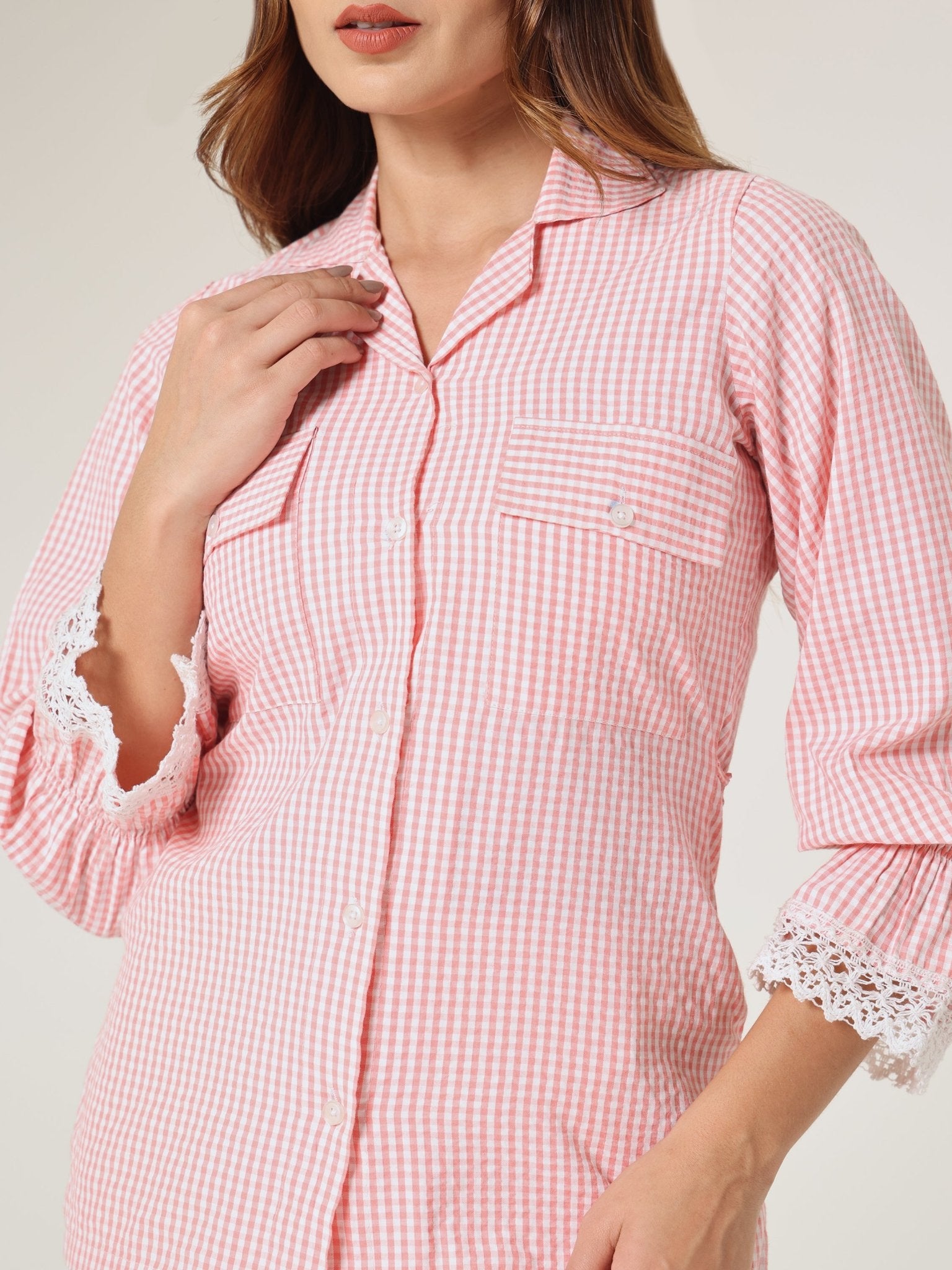 Pink Gingham Lace - Trim Shirt - Missova