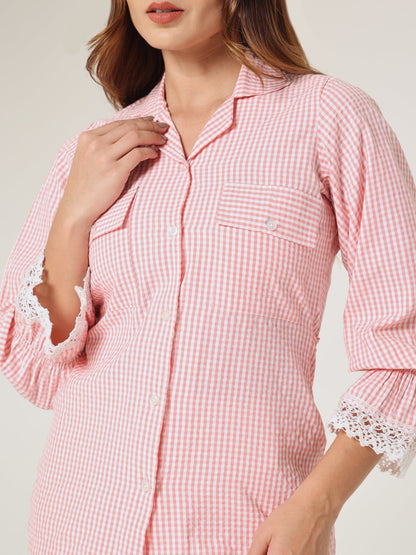 Pink Gingham Lace - Trim Shirt - Missova